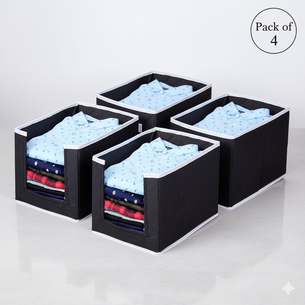 NeatFold™ 4-Piece Foldable Closet Organizer Set – Non-Woven Shirt & Clothing Stackers for Space-Saving Wardrobe Storage (Each Holds 12 Shirts)