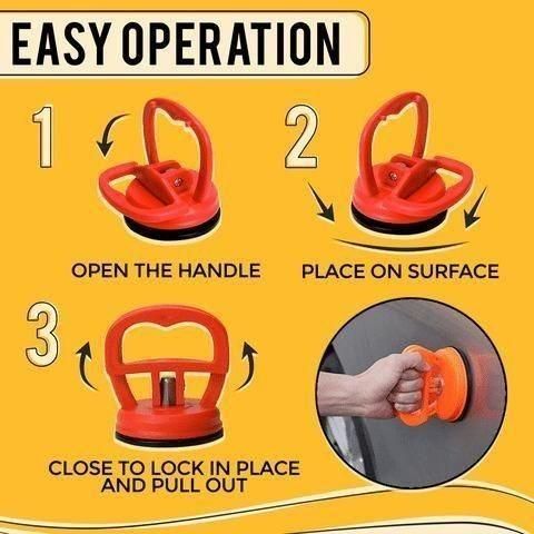 Instructions for using a red suction cup tool on a yellow background