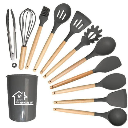 CookCraft Pro™ 11-Piece Premium Silicone Cooking Utensil Set with Wooden Handles & Holder – Heat Resistant, Non-Stick Safe Kitchen Tools
