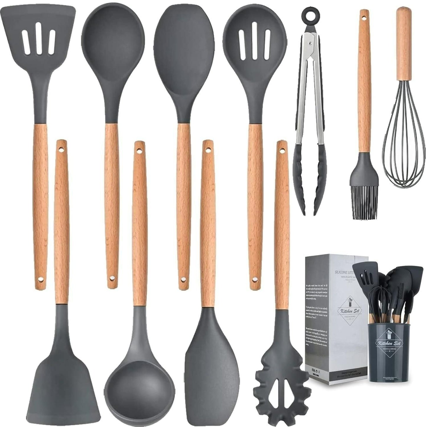 CookCraft Pro™ 11-Piece Premium Silicone Cooking Utensil Set with Wooden Handles & Holder – Heat Resistant, Non-Stick Safe Kitchen Tools