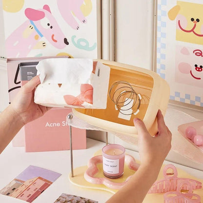 DecoraBox™ Creative Square Tissue Holder – Modern Pastel Napkin Organizer with Decorative Bow Accent