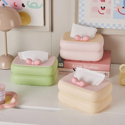 DecoraBox™ Creative Square Tissue Holder – Modern Pastel Napkin Organizer with Decorative Bow Accent
