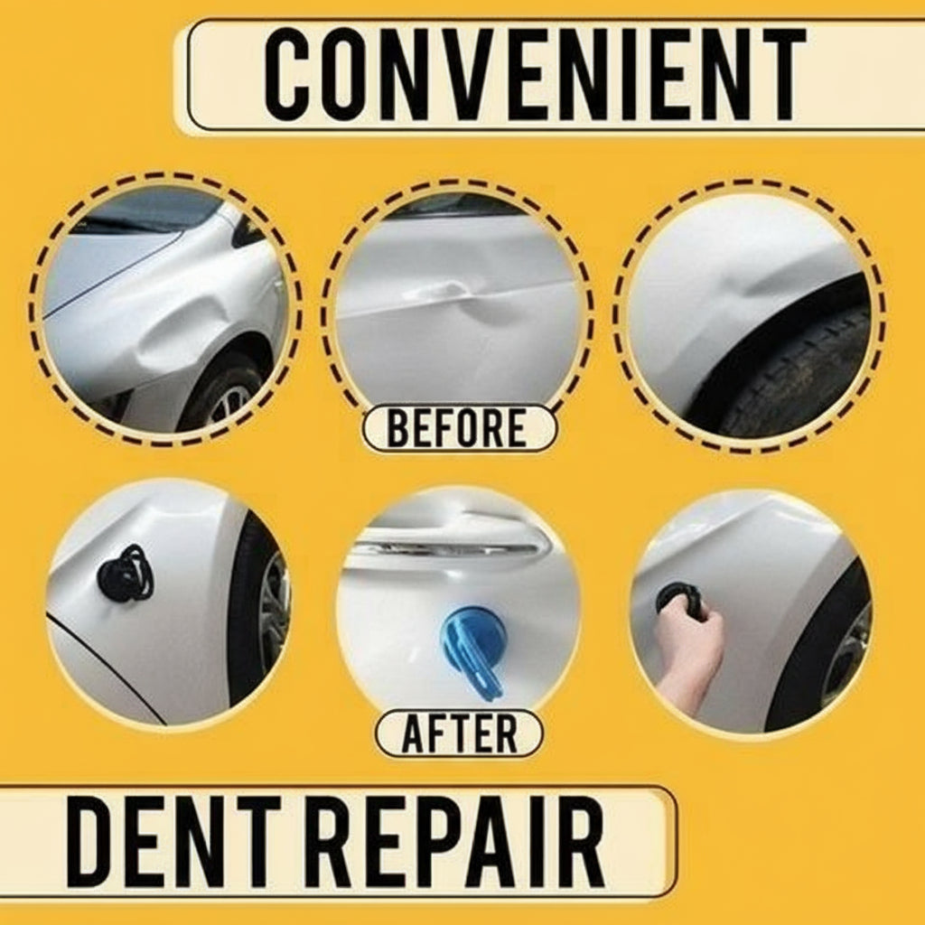 Before and after dent repair process on a yellow background with text 'Convenient Dent Repair'.