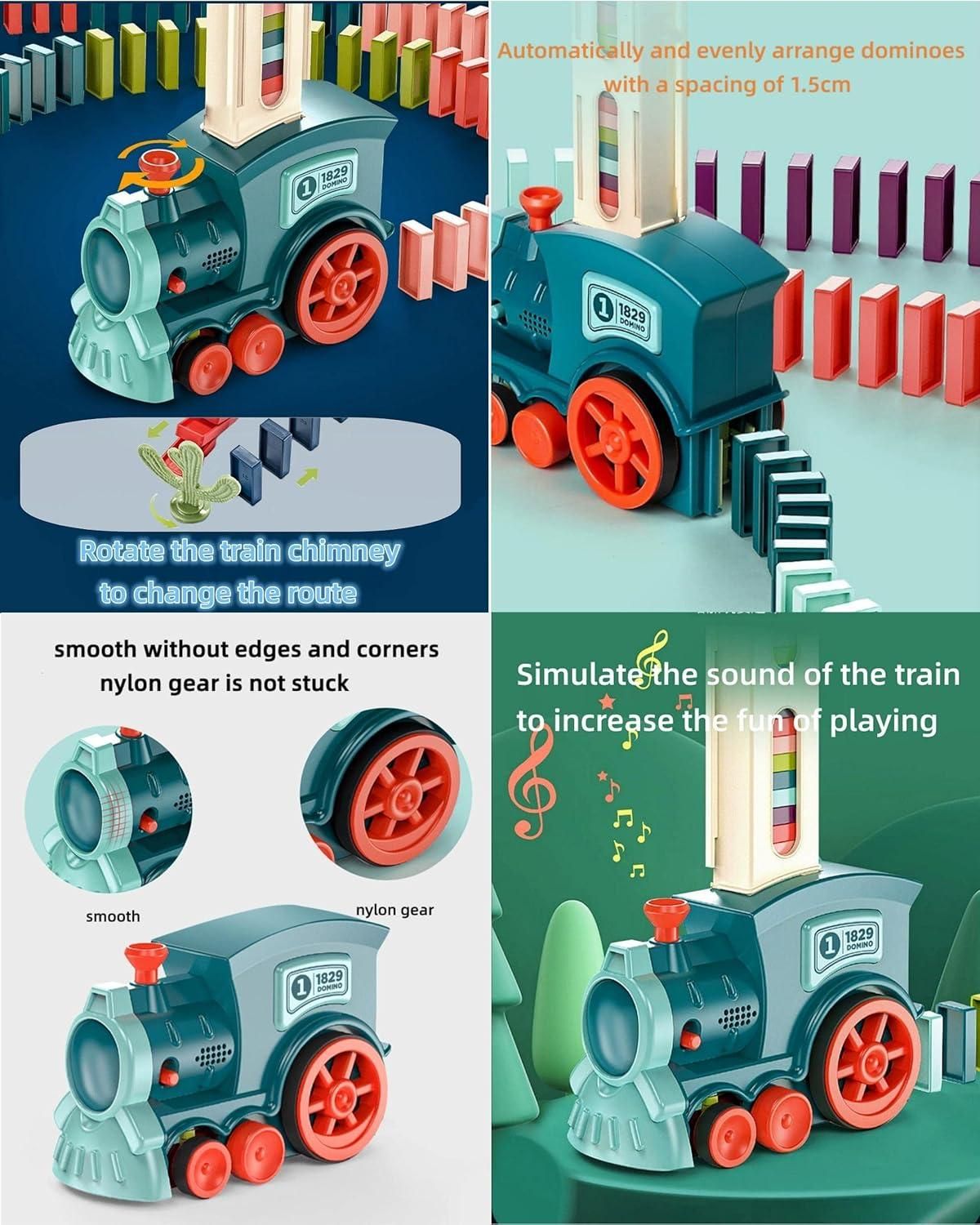 Toy train with dominoes and features highlighted on a blue background