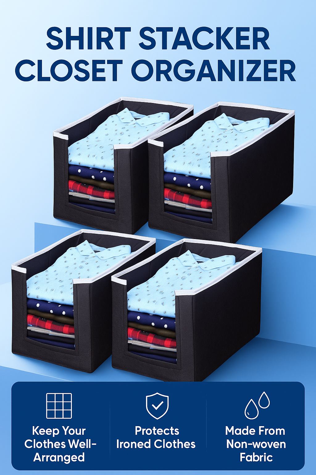 NeatFold™ 4-Piece Foldable Closet Organizer Set – Non-Woven Shirt & Clothing Stackers for Space-Saving Wardrobe Storage (Each Holds 12 Shirts)