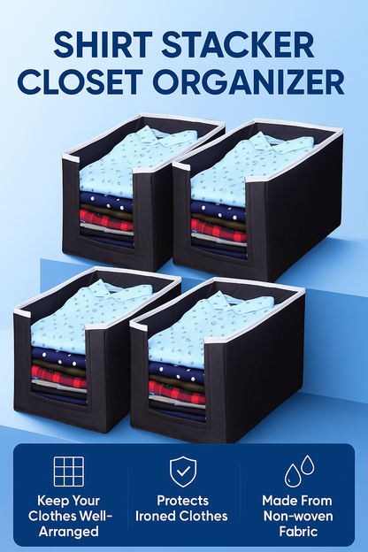 NeatFold™ 4-Piece Foldable Closet Organizer Set – Non-Woven Shirt & Clothing Stackers for Space-Saving Wardrobe Storage (Each Holds 12 Shirts)