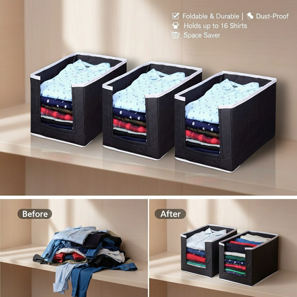 Foldable storage bins with clothes, labeled as foldable, durable, dust-proof, space saver, before and after images.