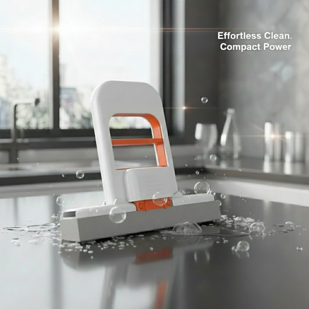 Cleaning device on a kitchen counter with water droplets, text 'Effortless Clean. Compact Power' in the background.
