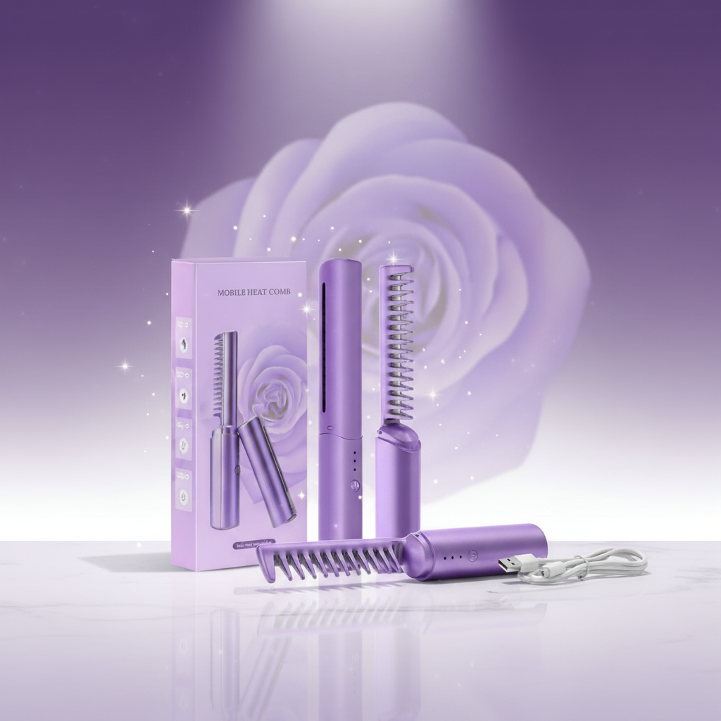 Purple hair straightener with packaging and rose on a purple background