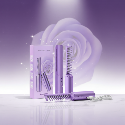 Purple hair straightener with packaging and rose on a purple background