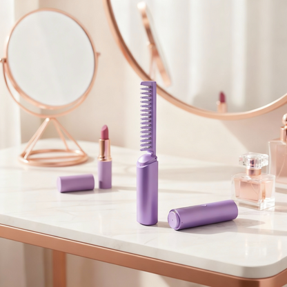 Purple comb and lipstick on a marble surface with a mirror in the background