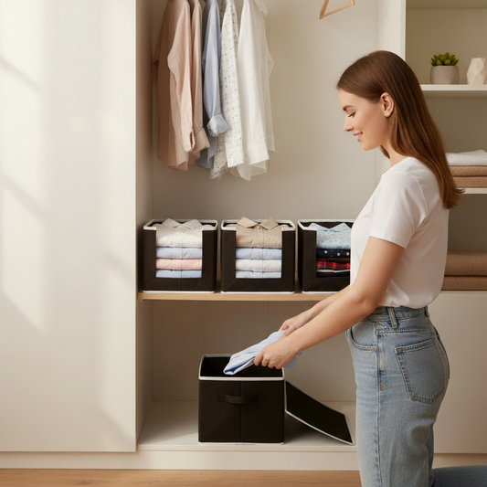 Woman organizing clothes in a closet with folded garments in black storage bins.