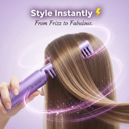 Purple hair straightening device being used on a person's hair with a purple background and text 'Style Instantly From Frizz to Fabulous'.