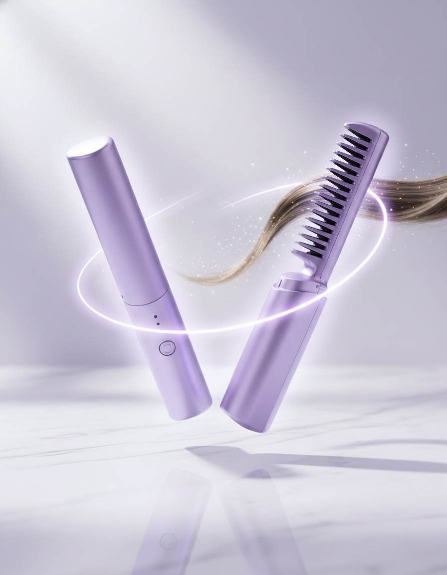 Purple hair straightener and comb on a light gray background with 'Smooth. Style. Shine.' text.
