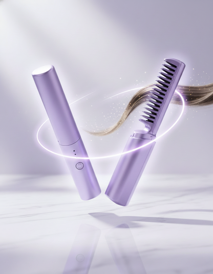 Purple hair straightener and comb on a light gray background with 'Smooth. Style. Shine.' text.