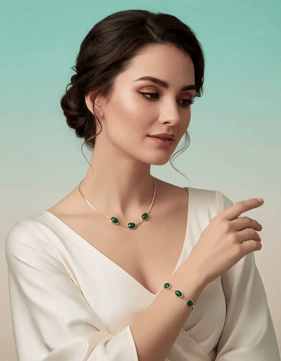 Verdant Glow™ Oval Green Stainless Crystal Pendant Necklace & Bracelet Set - Gold-Plated Elegance